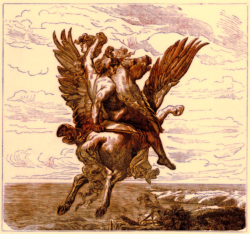 Perseo en el Caballo Alado Pegaso, con la Cabeza de Medusa, ilustración de The Illustrated History of the World, publicado c.1880 de English School