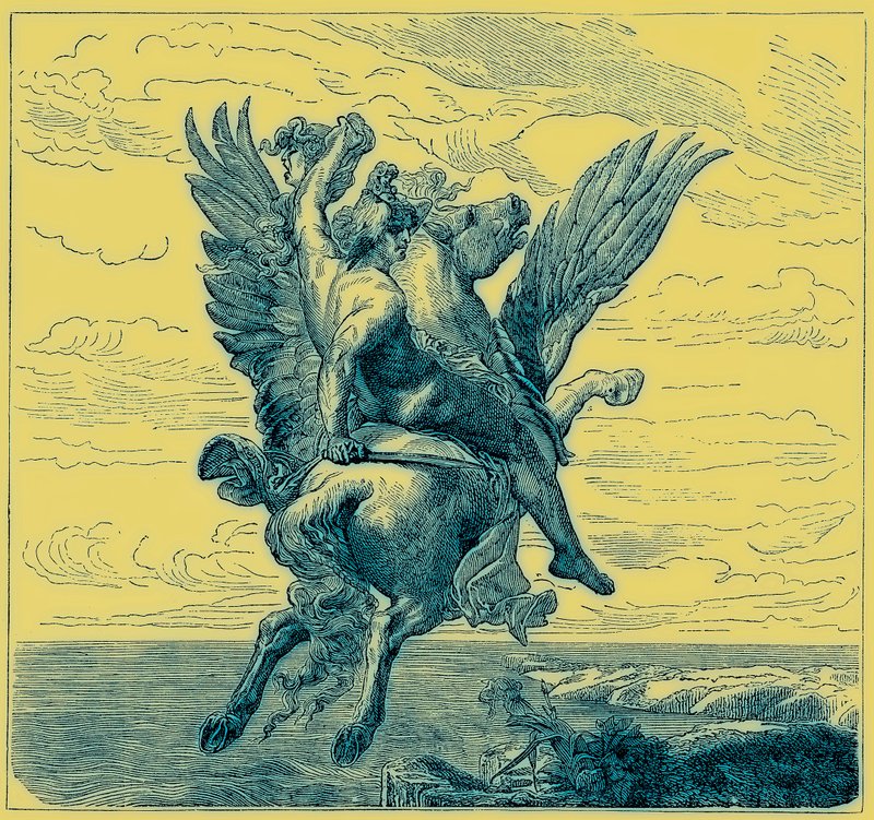 Perseo en el caballo alado Pegaso, con la cabeza de Medusa, ilustración de 