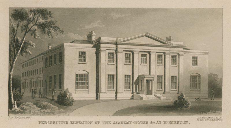 Elevación en perspectiva de la Casa de la Academia en Homerton de English School