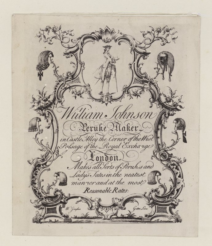 Fabricante de pelucas, William Johnson, tarjeta comercial de English School