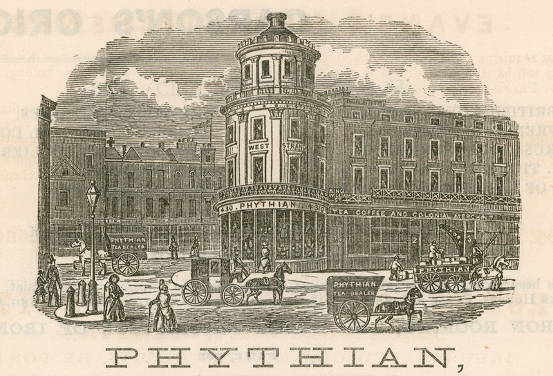 Phythian, mayorista y comerciante de té familiar y almacén extranjero, 430 West Strand y 1-3 King William Street, Londres de English School