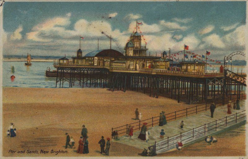 Muelle y arena, New Brighton, Merseyside (litografia en color) de English School