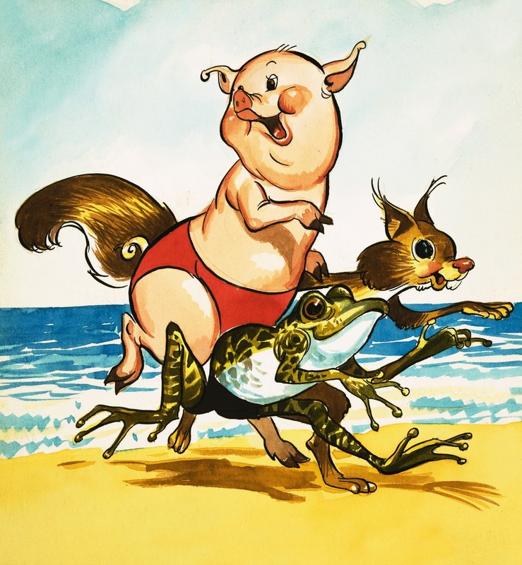 Cerdo, rana y ardilla en la playa de English School