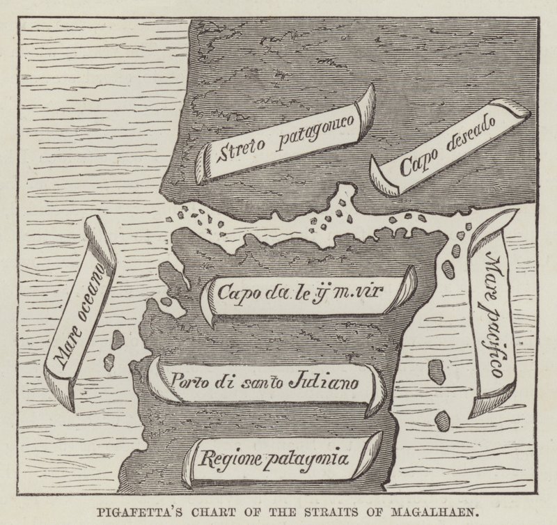 Carta de Pigafetta del Estrecho de Magallanes (grabado) de English School