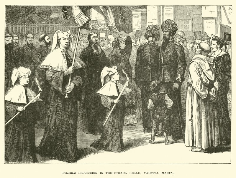 Procesión de peregrinos en la Strada Reale, Valetta, Malta de English School