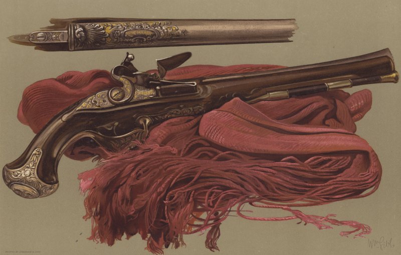 Pistola de Sir Ralph Abercrombie y faja con la que se bajó el cuerpo de Sir John Moore a la tumba (cromolito) de English School