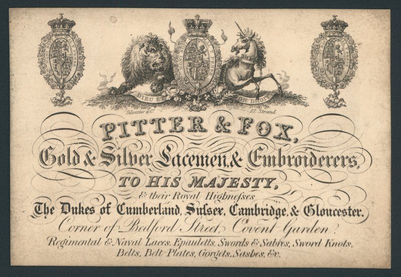 Pitter y Fox, Encajeros y Bordadores de Oro y Plata, Bedford Street, Covent Garden, tarjeta comercial de English School