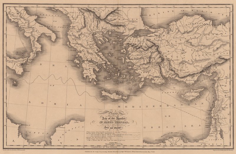 Lugares mencionados en los Hechos de los Apóstoles, ilustrando los viajes de San Pablo (grabado) de English School