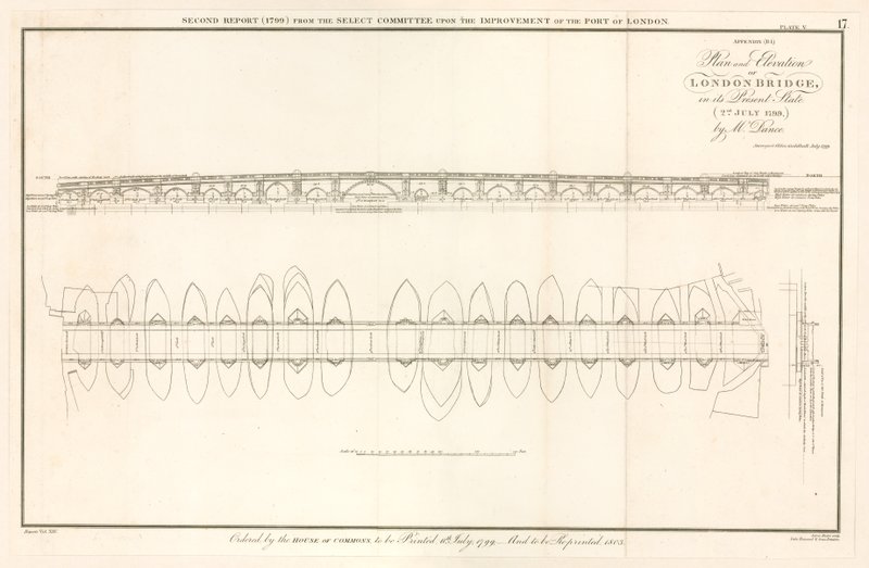Plan y Elevación del Puente de Londres al 2 de julio de 1799 de English School