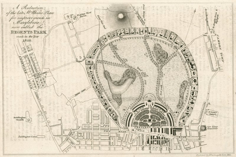 Plan de mejoras en Marylebone, Londres, ahora llamado Regents Park, hecho en el año 1809 de English School