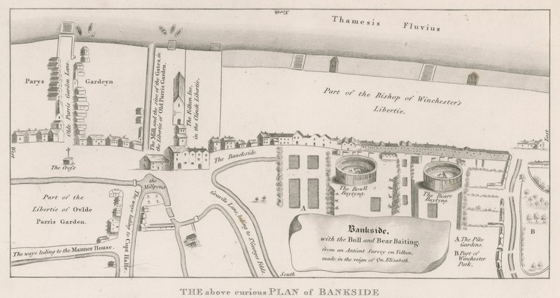 Plano de Bankside en el río Támesis basado en una encuesta antigua realizada en el reinado de la Reina Isabel, mostrando el Bull y Bear Baiting de English School
