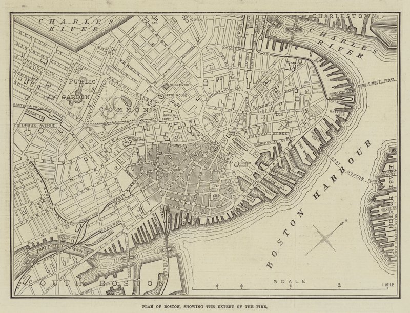 Plano de Boston, mostrando la extensión del incendio (grabado) de English School