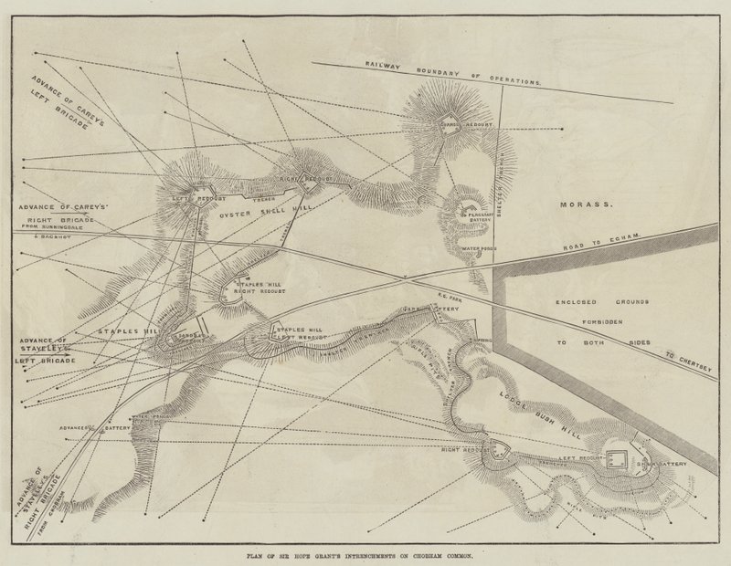 Plano de las trincheras de Sir Hope Grant en Chobham Common de English School