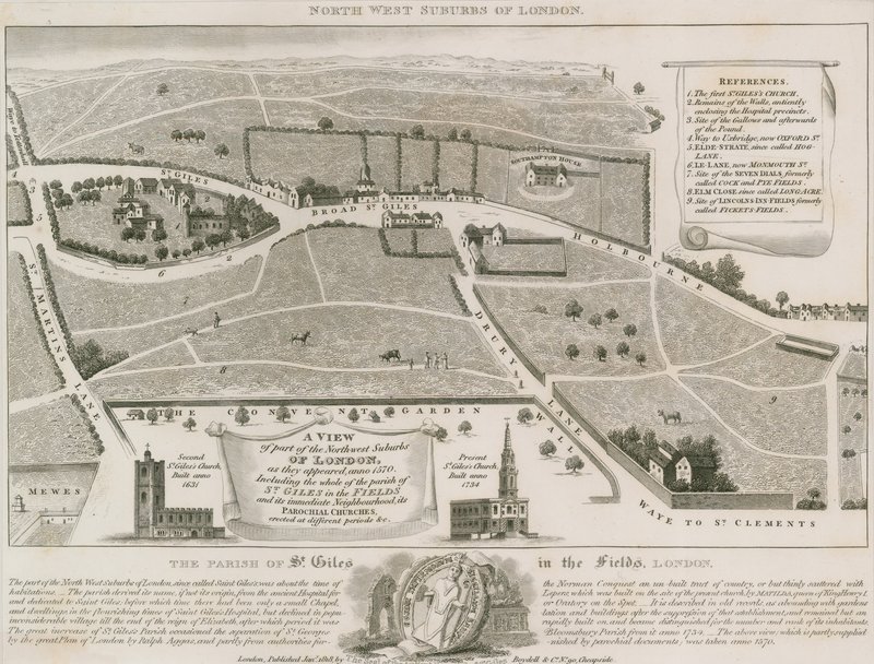 Plano de los suburbios del noroeste de Londres alrededor de St Giles in the Fields de English School