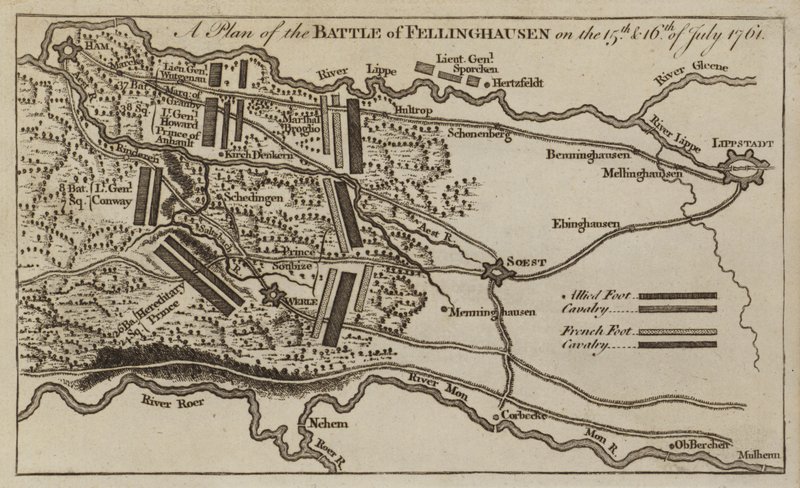 Plano de la Batalla de Villinghausen, Alemania, Guerra de los Siete Años, 15-16 de julio de 1761 de English School