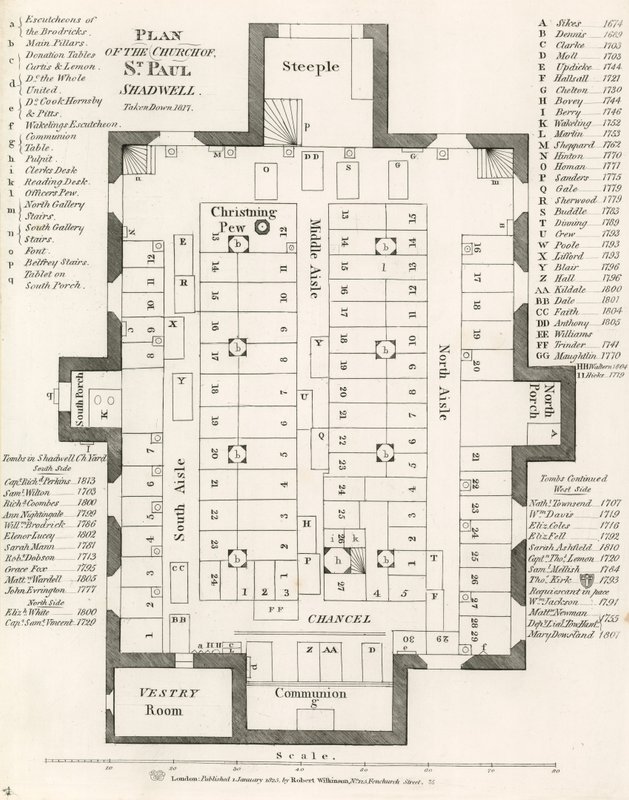 Plano de la Iglesia de San Pablo, Shadwell, Londres, demolida en 1817 de English School