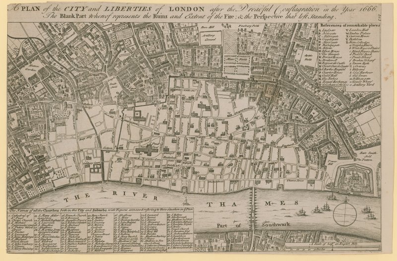 Plano de la Ciudad y Libertades de Londres después del terrible incendio del año 1666 de English School