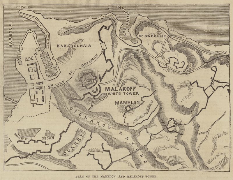 Plano del Mamelón y la Torre Malakoff (grabado) de English School