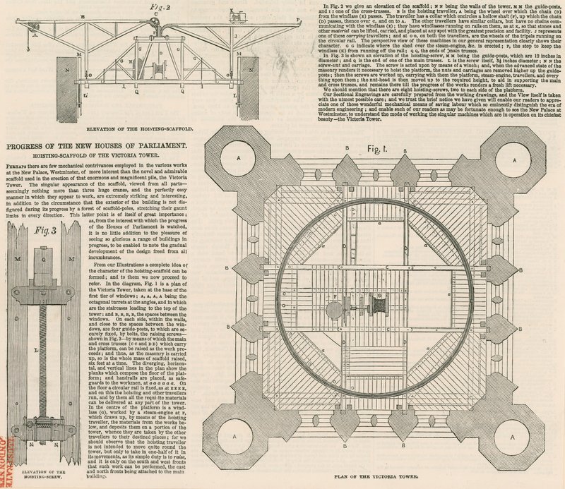 Plano de la Torre Victoria, Palacio de Westminster, Londres de English School