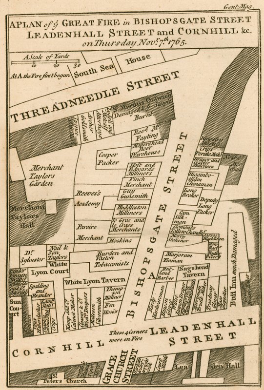Plano del incendio en Bishopsgate Street, Cornhill y Leadenhall Street, Londres, que comenzó el 7 de noviembre de 1765 de English School