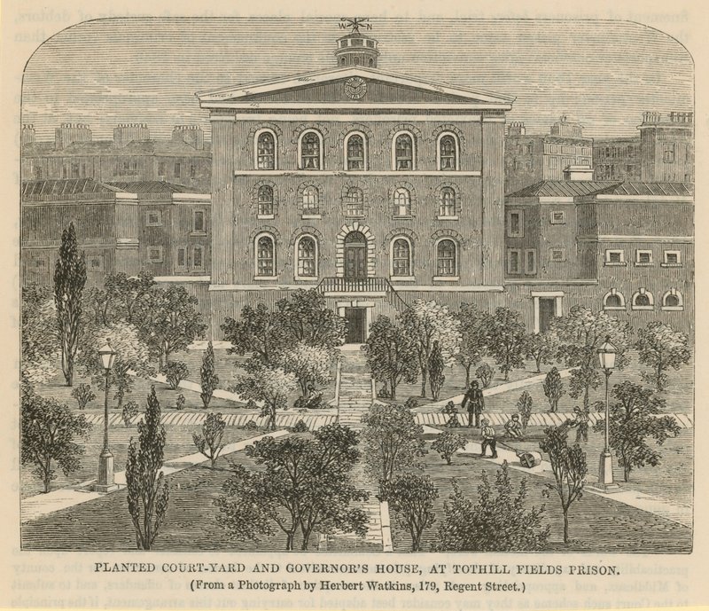 Patio plantado y Casa del Gobernador en la Prisión de Tothill Fields de English School