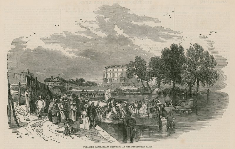 Barcos de placer en el canal, esbozados en la cuenca de Paddington, Canal de Regent, Londres de English School