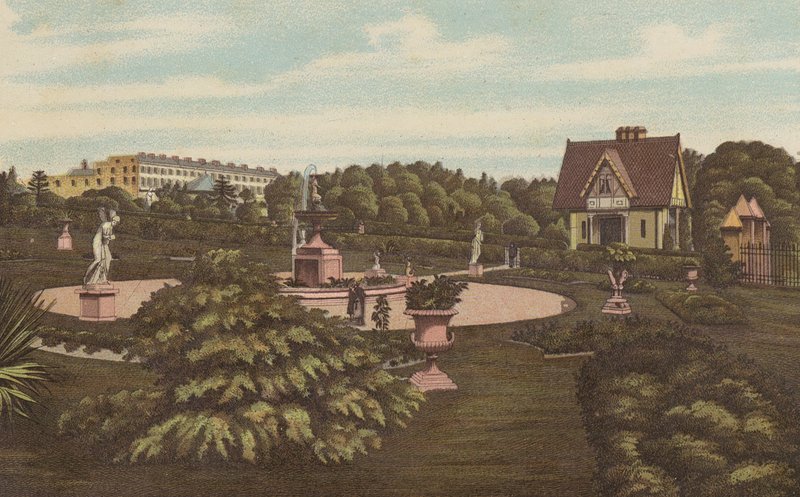 Plymouth: Swiss Lodge and Gardens, Devonport Park (litografia en color) de English School