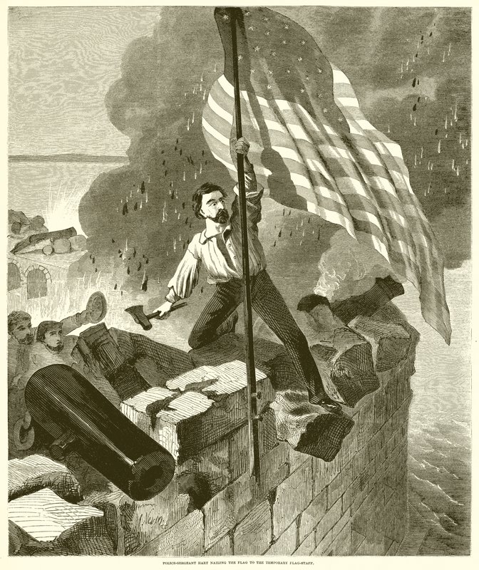 El Sargento de Policía Hart Clavando la Bandera en el Mástil Temporal de English School