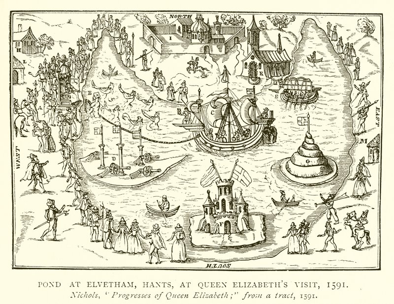 Estanque en Elvetham, Hants, en la visita de la Reina Isabel, 1591 de English School
