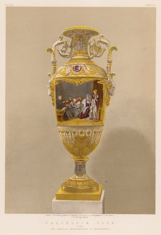 Jarrón de porcelana de la manufactura imperial de San Petersburgo (cromolito) de English School