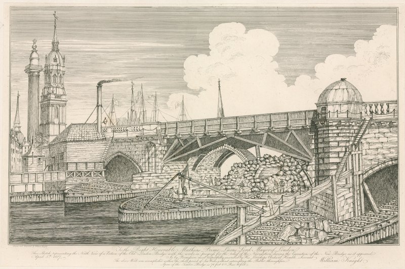 Parte del antiguo Puente de Londres, dibujado en 1827 durante las obras de construcción de English School