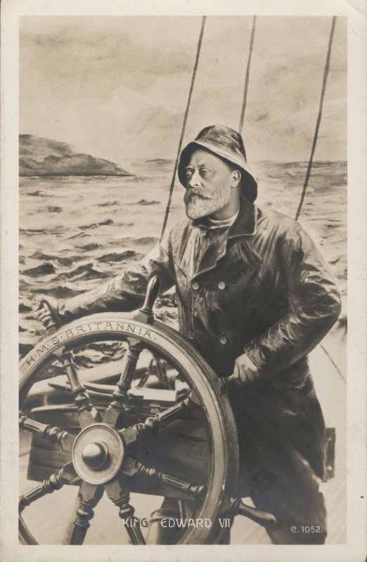 Retrato del Rey Eduardo VII al timón del HMS Britannia de English School