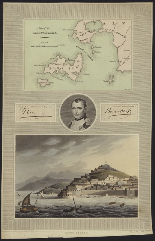 Retrato de Napoleón Bonaparte con un mapa y una vista de Elba de English School
