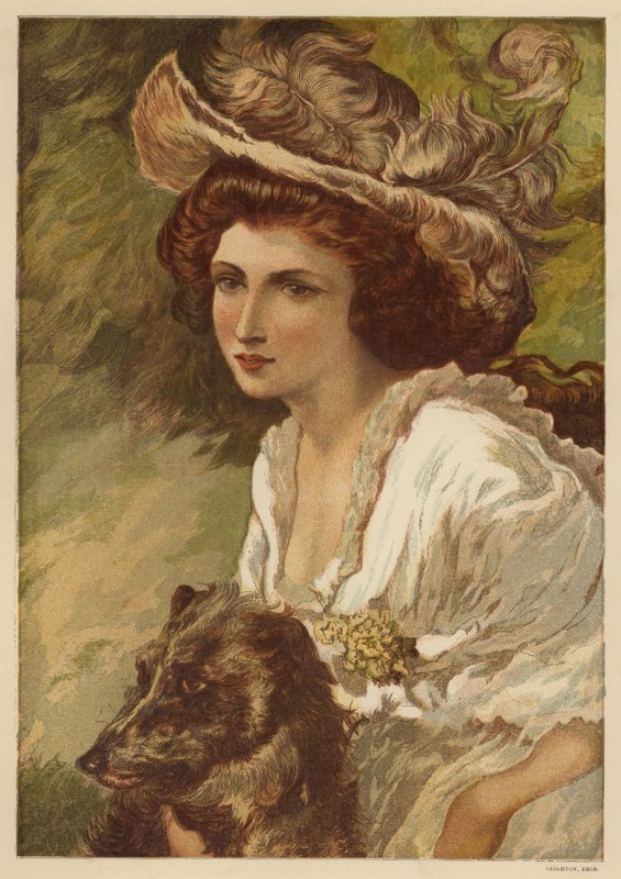 Retrato de una mujer joven con un perro (litografia en color) de English School