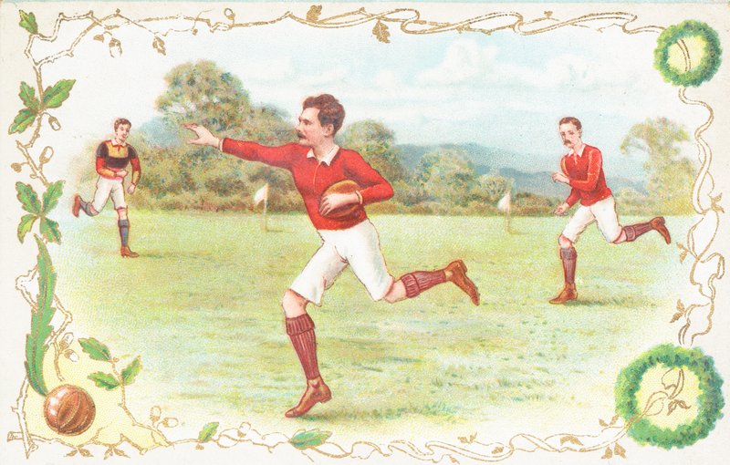 Postal con hombres jugando al rugby de English School