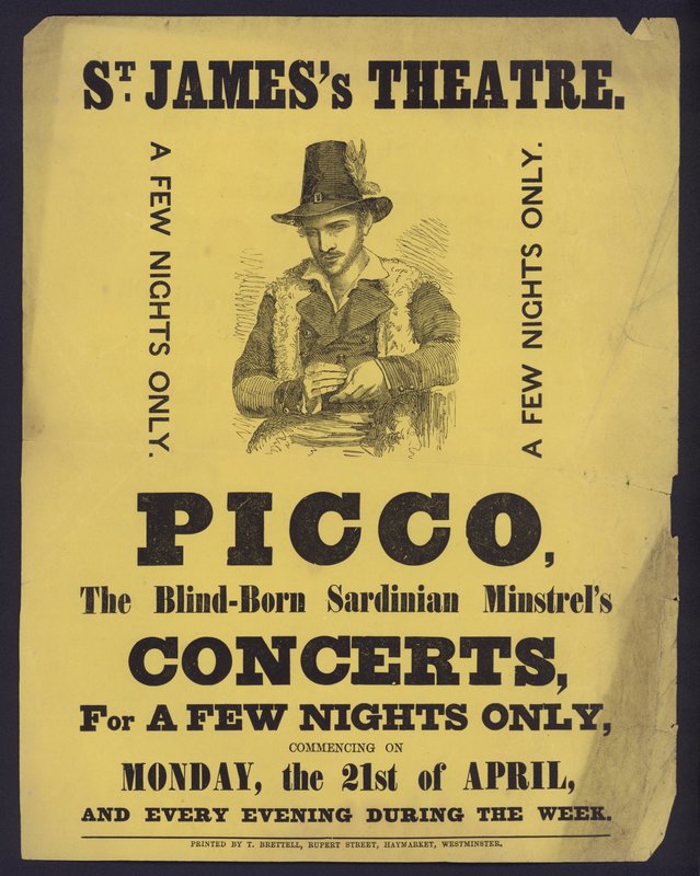 Póster anunciando conciertos de Picco, un juglar ciego de Cerdeña en el Teatro St James, Londres de English School
