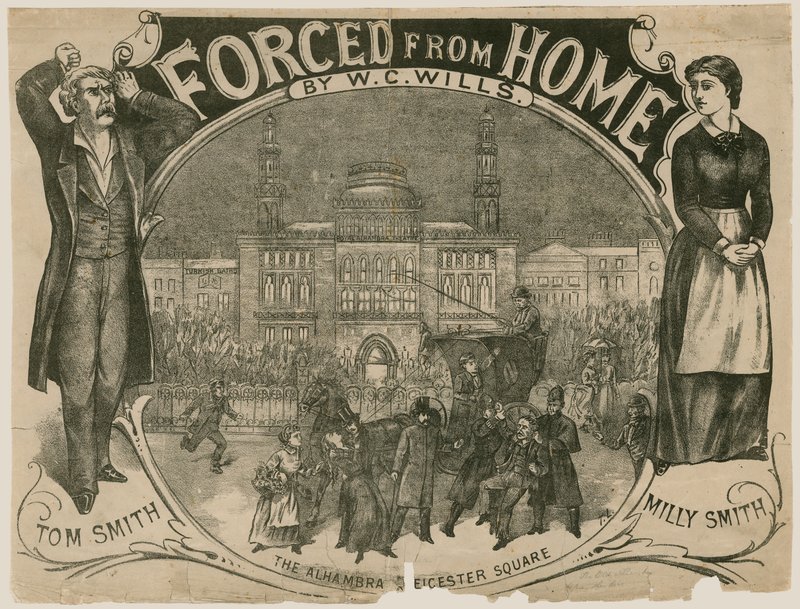 Póster de Forced from Home por W. C. Wills, el Alhambra, Leicester Square, Londres de English School