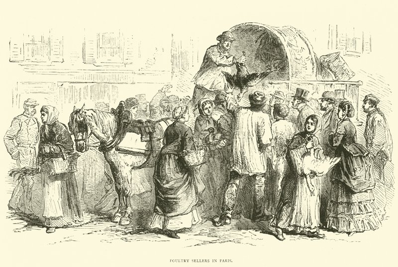 Vendedores de aves de corral en París, octubre de 1870 de English School
