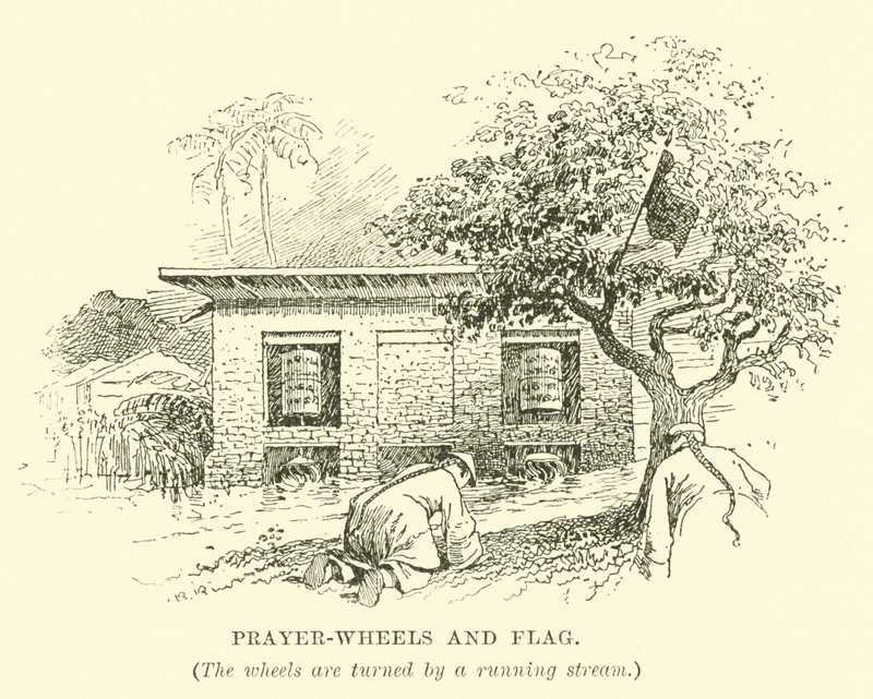 Ruedas de oración y bandera de English School