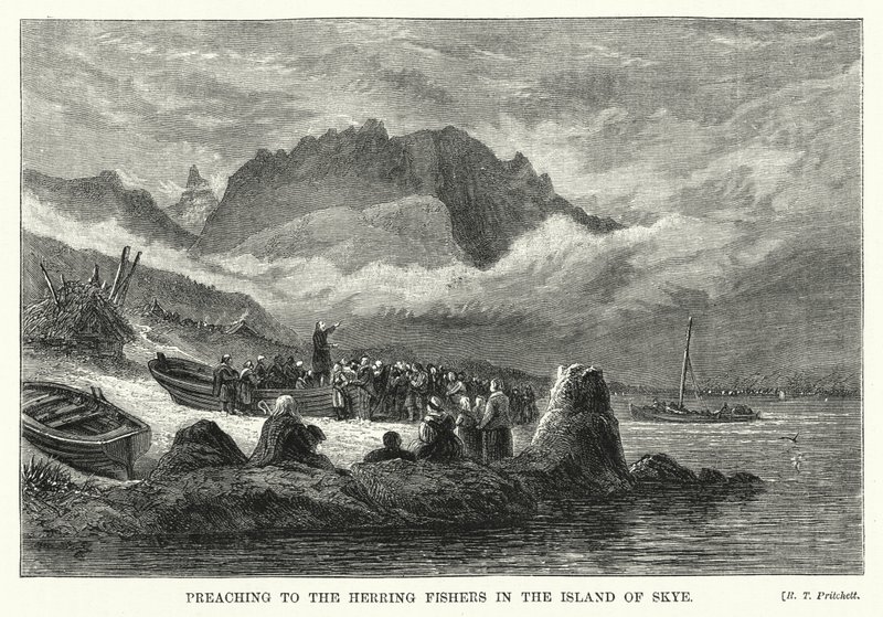 Predicando a los pescadores de arenque en la isla de Skye (grabado) de English School