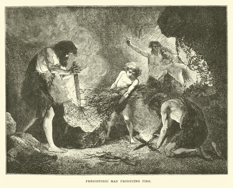 Hombre prehistórico produciendo fuego de English School