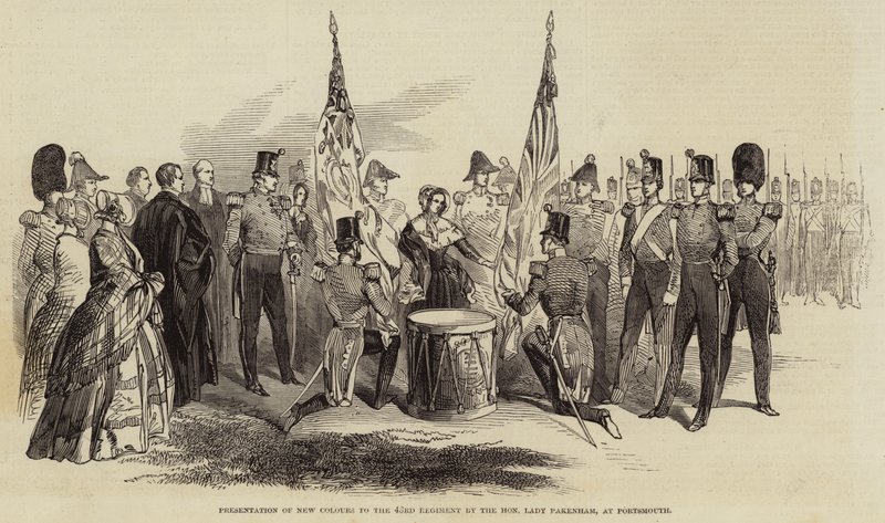 Presentación de nuevos colores al 43º Regimiento por la Honorable Lady Pakenham, en Portsmouth (grabado) de English School
