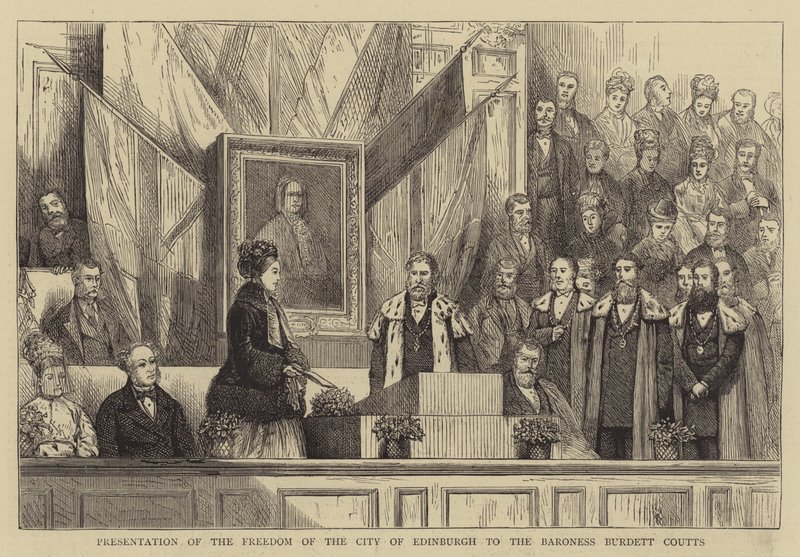 Presentación de la Libertad de la Ciudad de Edimburgo a la Baronesa Burdett Coutts (grabado) de English School