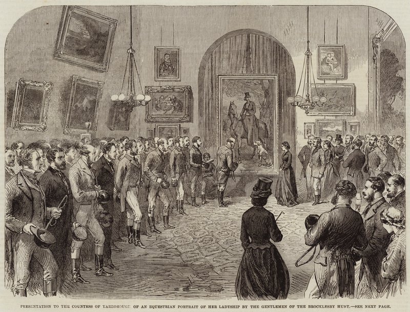 Presentación a la Condesa de Yarborough de un retrato ecuestre de Su Señoría por los caballeros de la caza de Brocklesby de English School