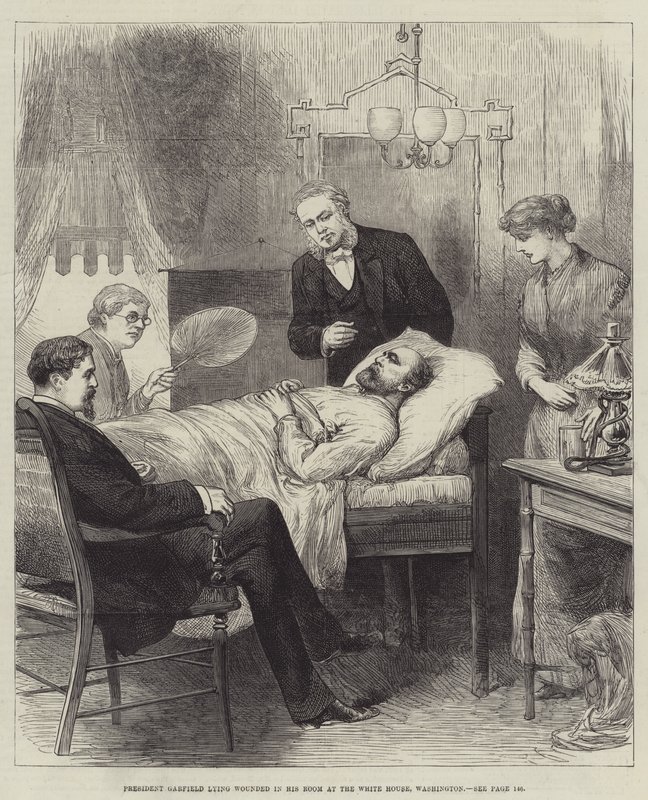 El presidente Garfield herido en su habitación en la Casa Blanca, Washington de English School