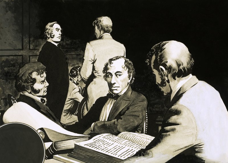 El Primer Ministro Benjamin Disraeli consulta con sus colegas conservadores de English School