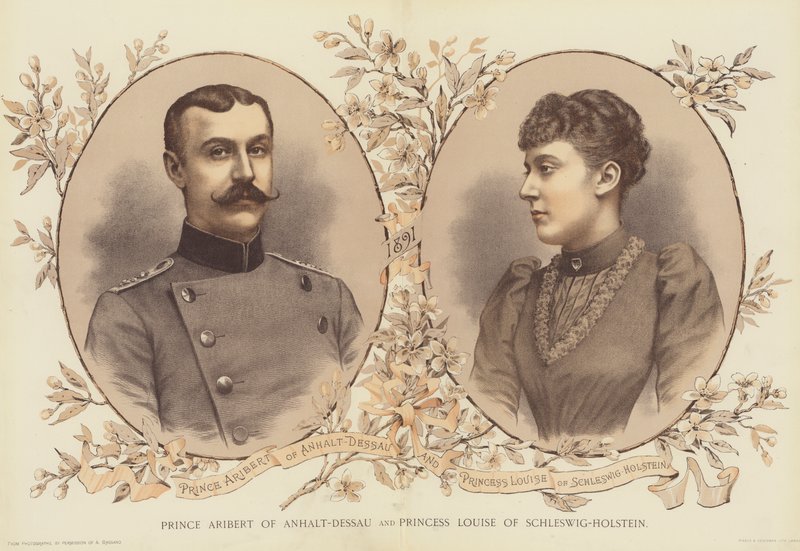 Príncipe Aribert de Anhalt-Dessau y Princesa Luisa de Schleswig-Holstein (cromolitografía) de English School