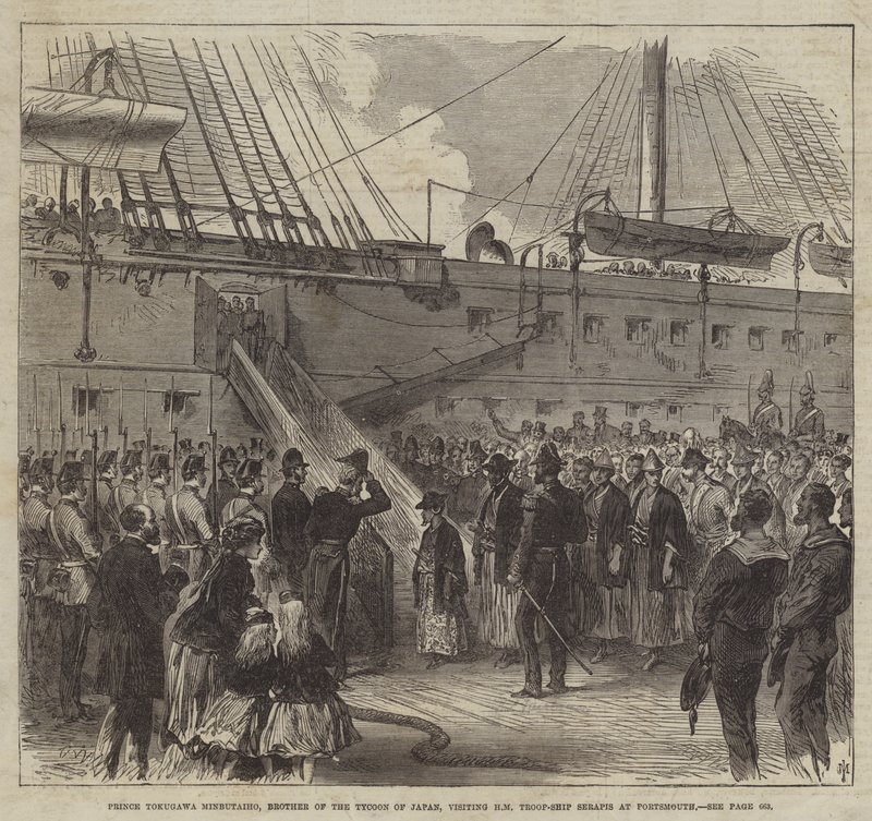 El Príncipe Tokugawa Minbutaiho, hermano del Tycoon de Japón, visitando el barco de tropas de SM Serapis en Portsmouth de English School