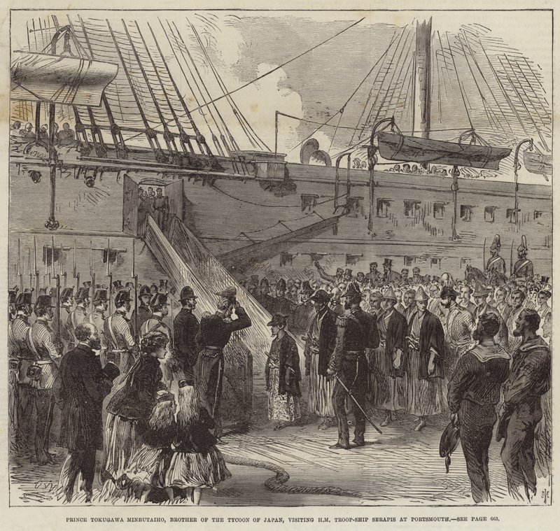 El Príncipe Tokugawa Minbutaiho visitando el Serapis en Portsmouth de English School