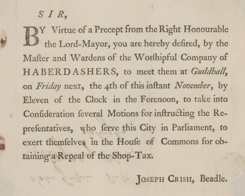 Carta impresa de Joseph Crish, Bedel de Guildhall, Londres de English School
